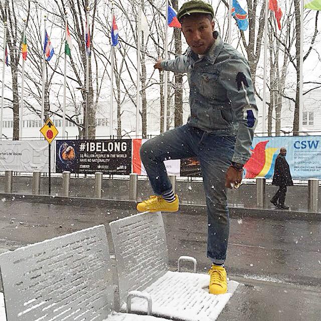 Spotted: Pharrell in his Yellow adidas Original Superstars