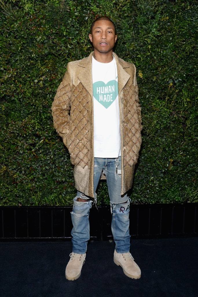 SPOTTED: Pharrell Williams At Pre-Oscar Dinner In Chanel Pre-Fall 2017 Coat And Timberland Boots