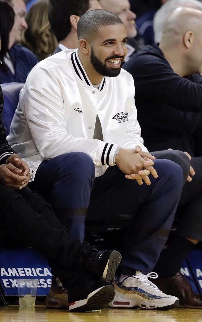 SPOTTED: Drake In Supreme x Rap-A-Lot Records Jacket And Nike x size? x Dave White Air Max 95 Sneakers