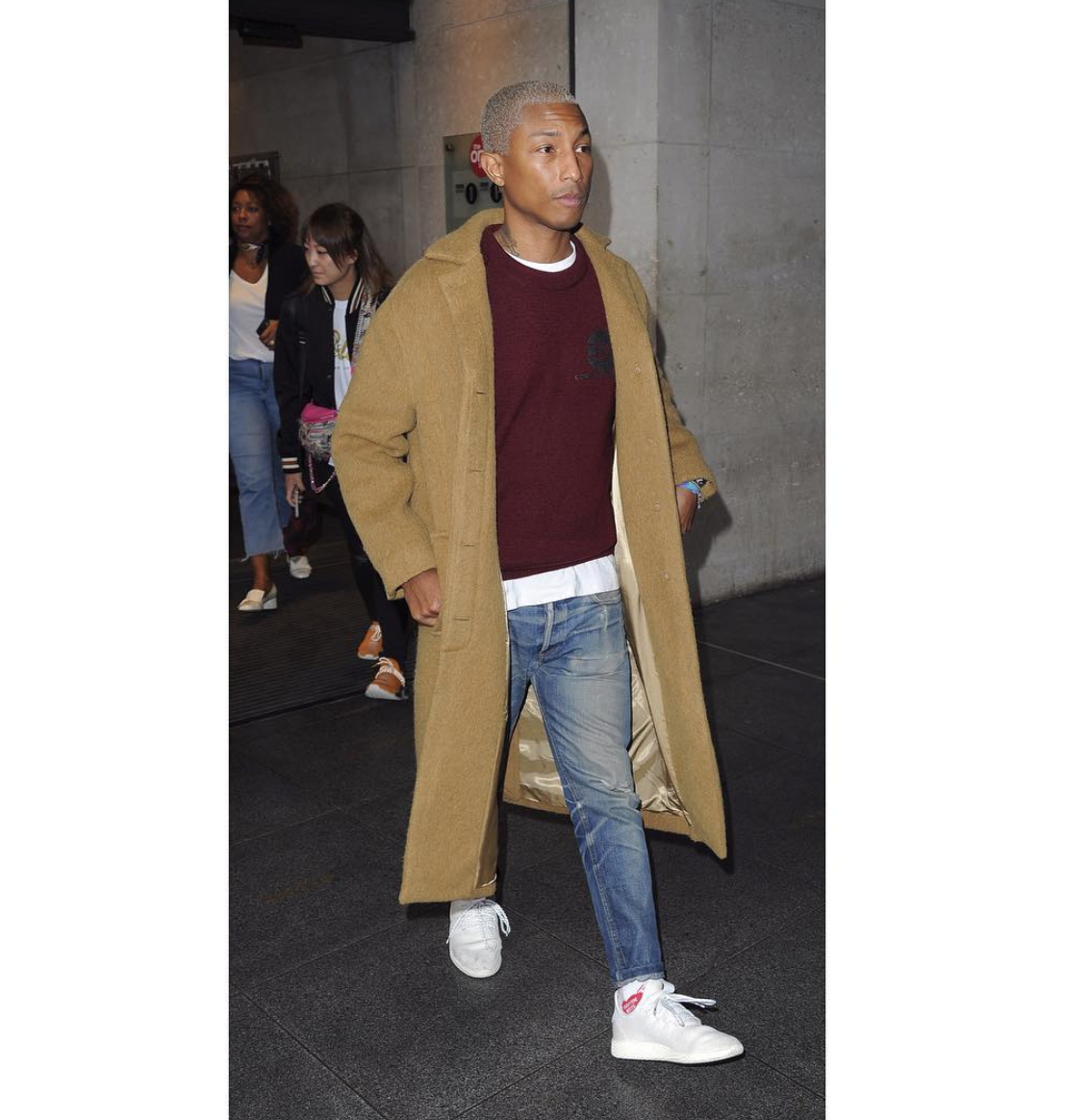 SPOTTED: Pharrell Williams In Long Coat, Human Made Socks And adidas Sneakers