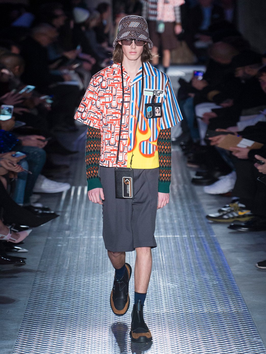 Printed Cotton Bowling Shirt in Blue - Prada