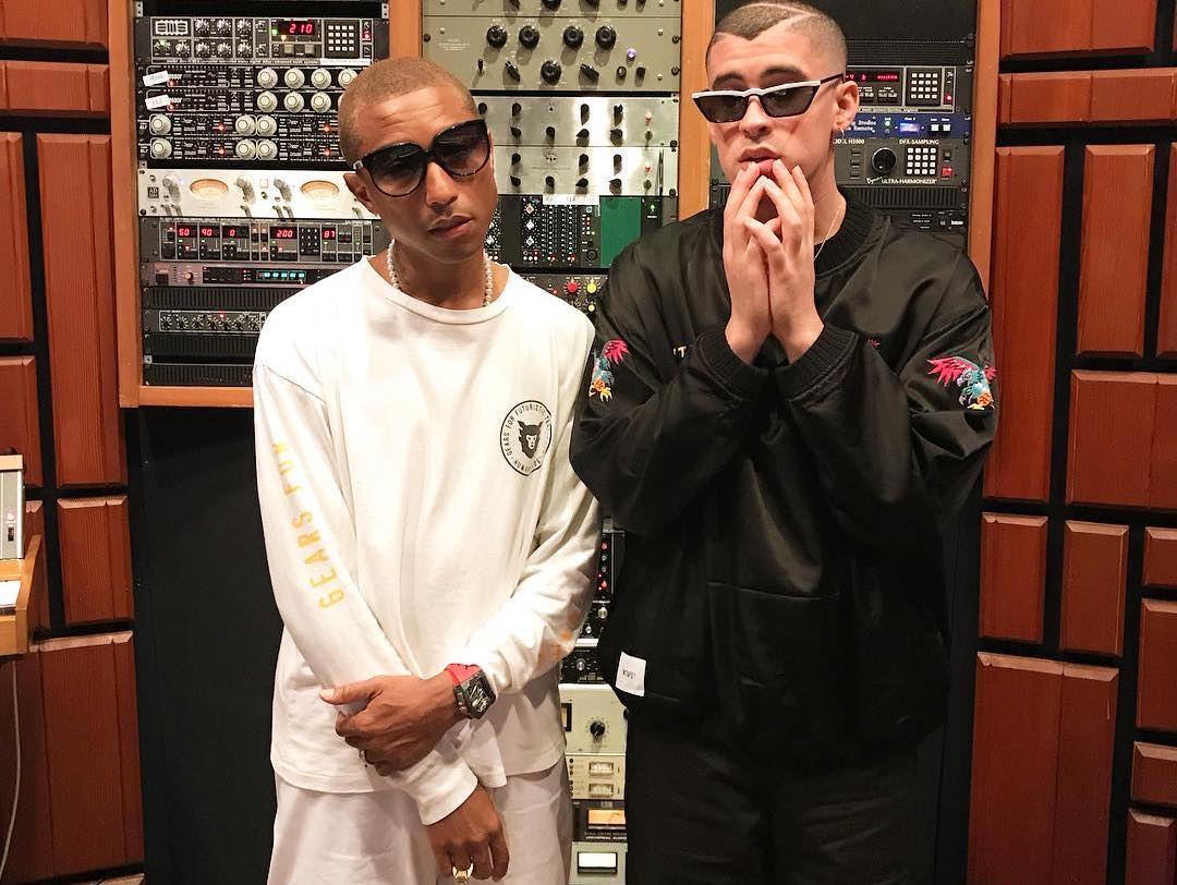 SPOTTED: Pharrell Rocks Human Made in Studio with Bad Bunny