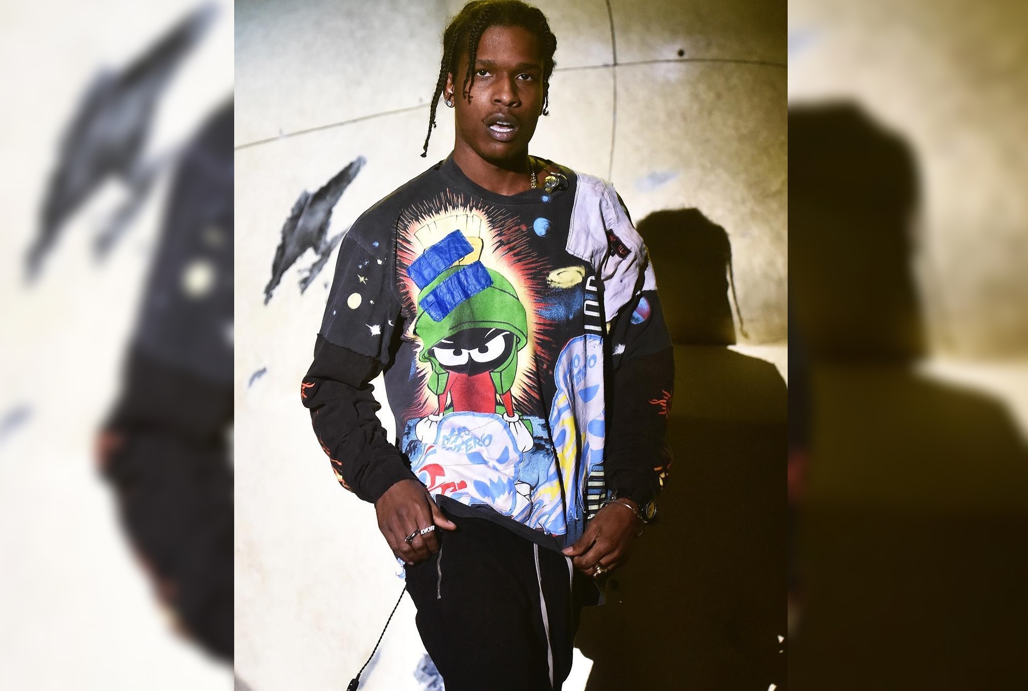 SPOTTED: A$AP Rocky Sports 1 of 1 DISCO INFERNO Tee and Rick Owens Trousers