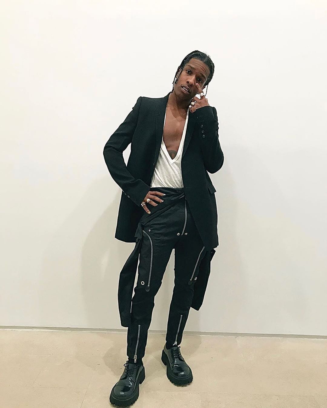 ASAP Rocky Wears Rick Owens Blazer, Cargo Pants and Sneakers in