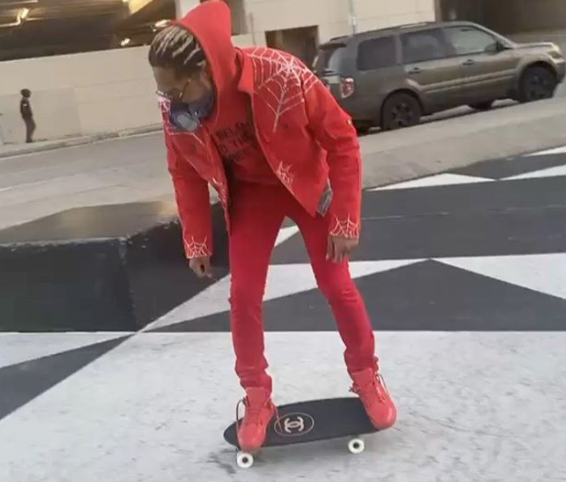 SPOTTED: Future dons All Red Ensemble while on Chanel Skateboard