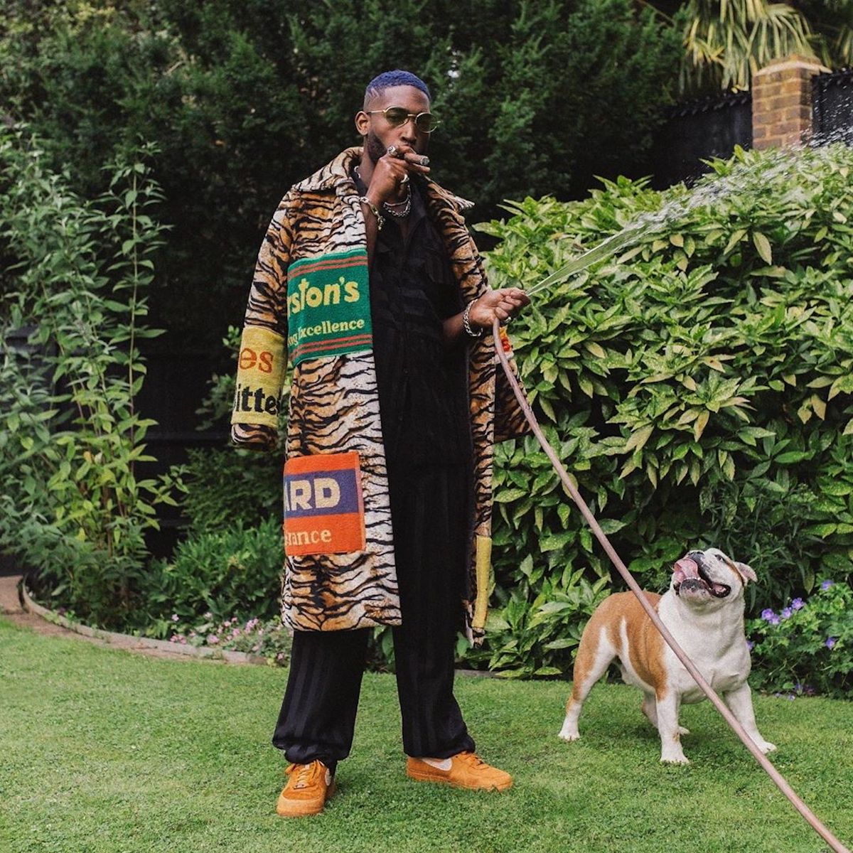 SPOTTED: Tinie Tempah takes to the Garden in Tiger-Print Adam Jones Coat