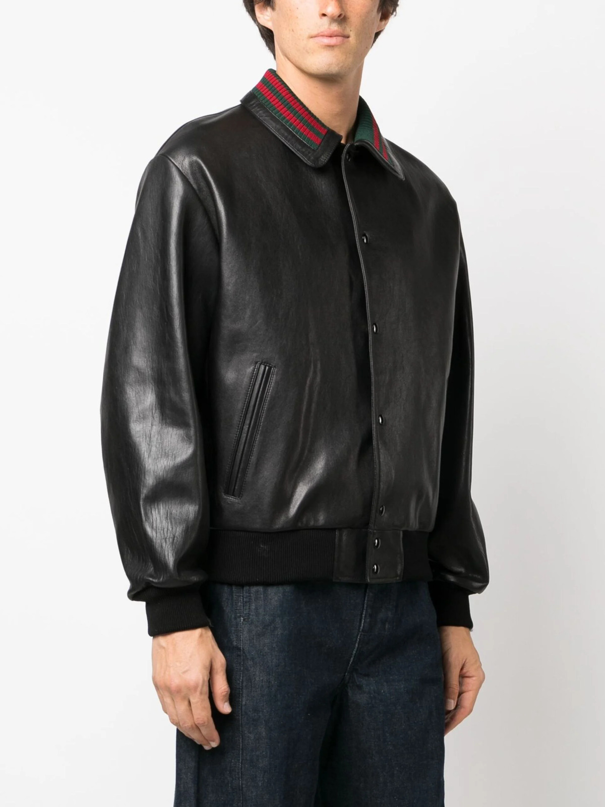 Gucci Web-detailed Leather Jacket in Black for Men