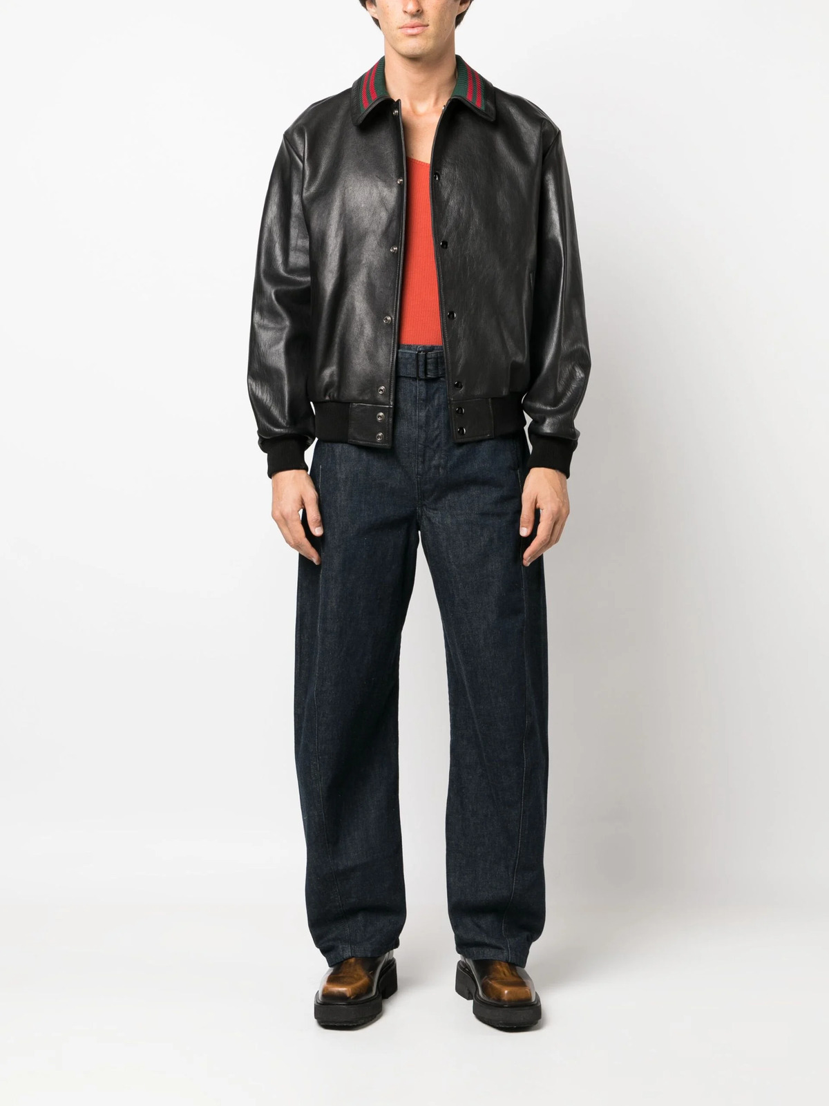 Gucci Web-detailed Leather Jacket in Black for Men