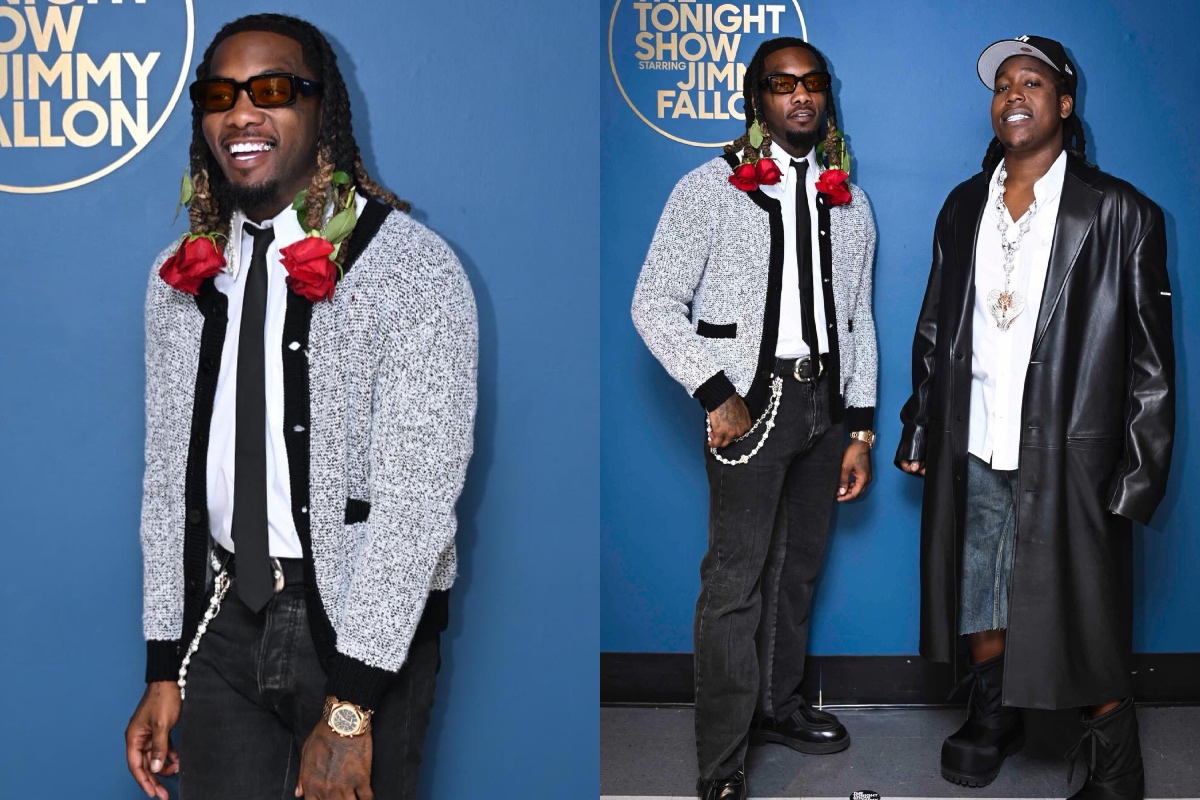 SPOTTED: Offset Channels Flower Power Alongside Don Toliver on Jimmy Fallon’s ‘The Tonight Show’ Wearing Balenciaga, Prada & more