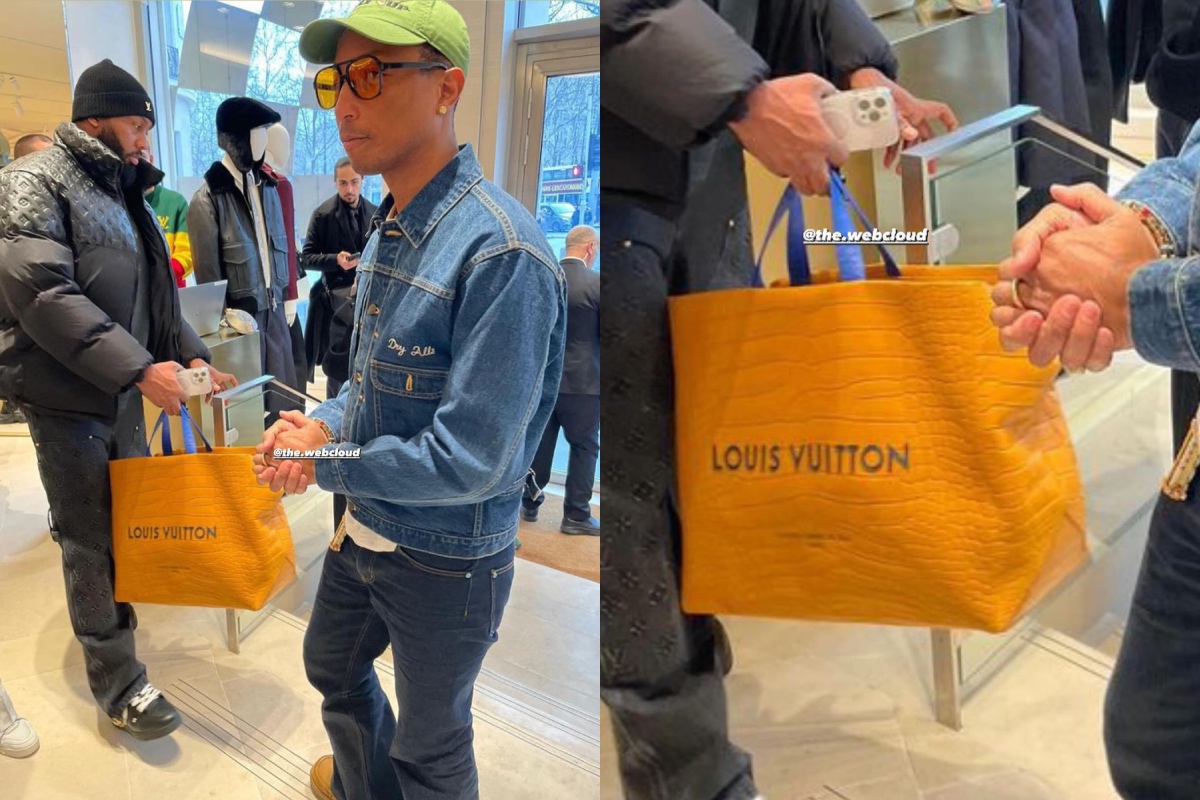 SPOTTED: Pharrell Williams Surprise Visits Louis Vuitton’s Paris Store & Teases Unreleased Leather LV “Shopping Bag”
